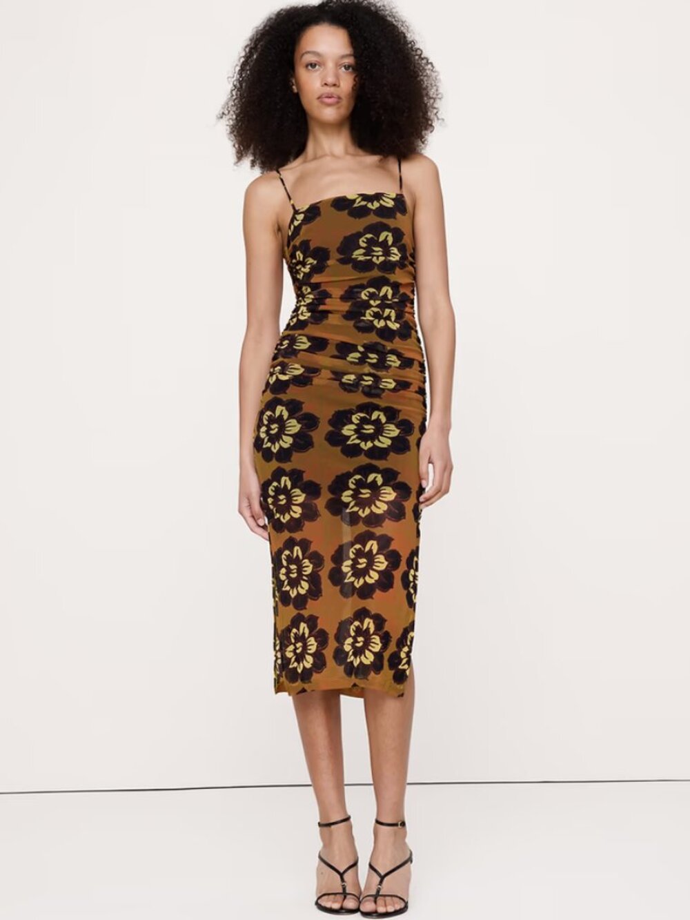 Ruched Mesh Midi Dress